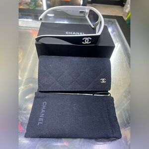 CHANEL Black and White Shield Sunglasses with Quilted Black Case